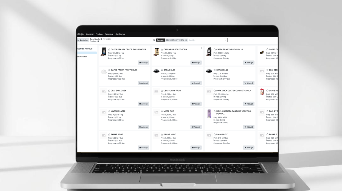 Odoo purchase screen for Gourmet Coffee SRL