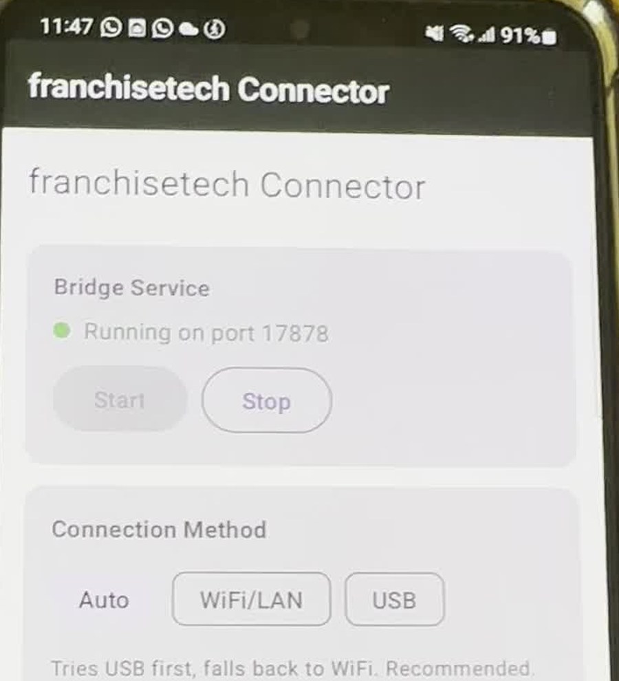 franchisetech Connector app screen showing Bridge Service running on port 17878, and a Connection Method selector: Auto, WiFi/LAN, USB, with the note 'Tries USB first, falls back to WiFi. Recommended.'