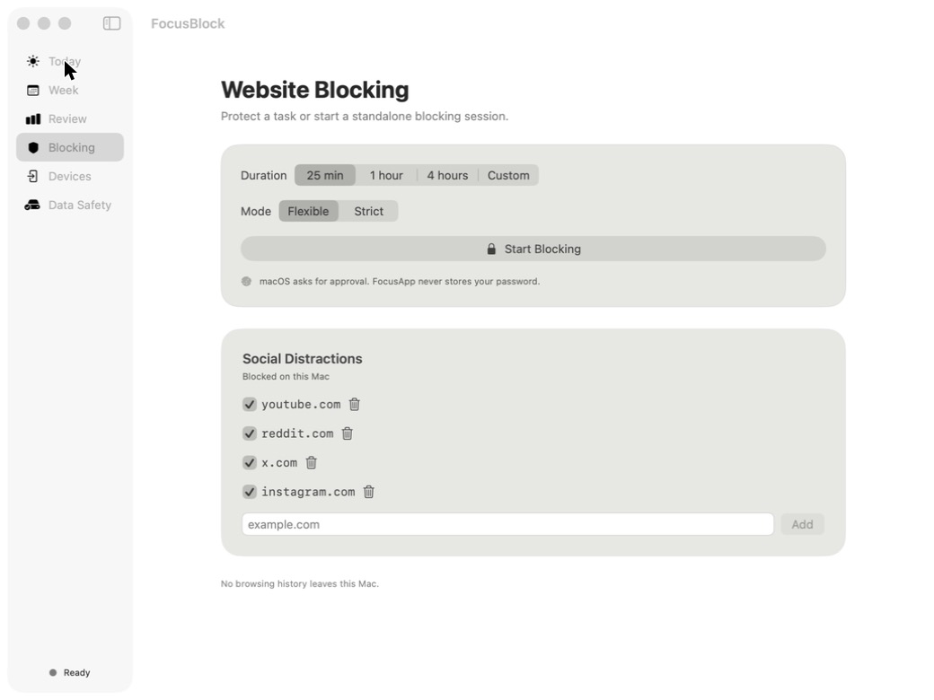 FocusBlock Website Blocking view with duration and mode options and a list of blocked sites.