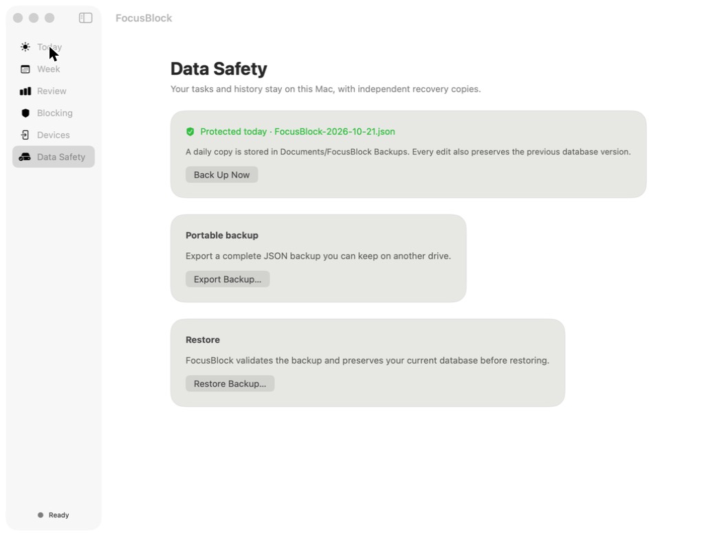 FocusBlock Data Safety view showing daily backup status with Back Up Now, Export and Restore options.