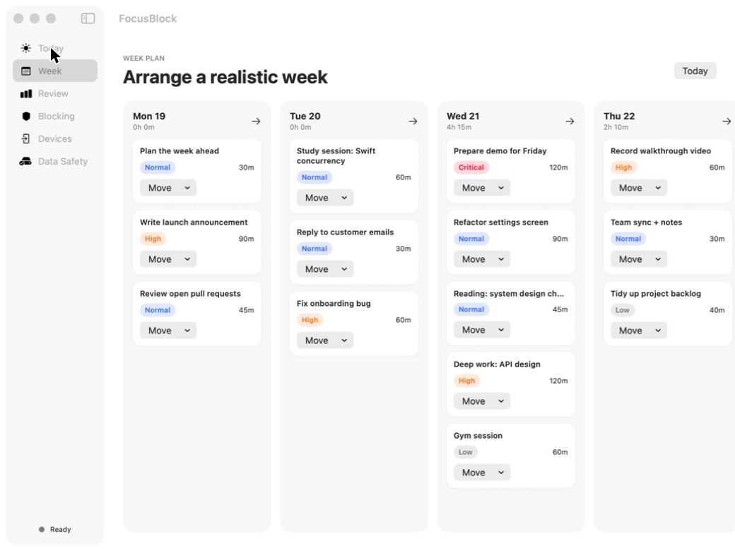 FocusBlock Week view with tasks arranged in day columns, each showing a priority label and estimated minutes.